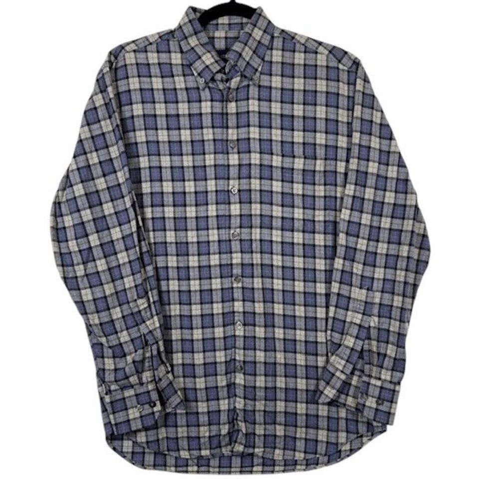 Scott Barber Brushed Cotton Button Front Shirt Plaid‎ Flannel Blue Gray Medium